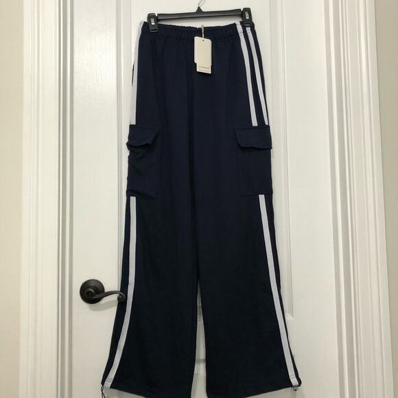 Commense Womens Side Panel Cargo Sweatpants Drawstring Long Pants Navy Large NWT - Picture 2 of 12
